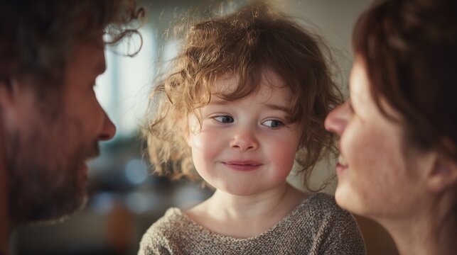 A child with Cornelia de Lange Syndrome interacting with parents in a bright modern home, subtle facial characteristics visible 