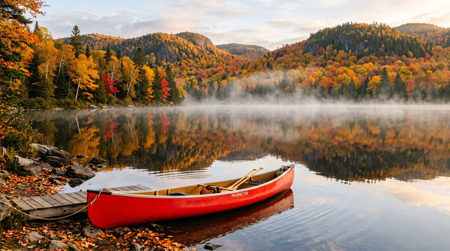 Red canoe resting on a calm misty lake surrounded by colorful autumn mountains