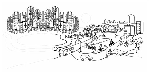 Fototapeta premium Sustainable Urban Living with Public Park and Transport