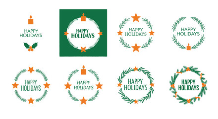 Obraz premium Set of minimalist Happy Holidays Christmas badges and wreaths