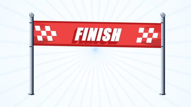 Racing finish line banner with red ribbon and checkered flag pattern on white background for sports competition success