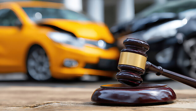 Collision, legal consequences, and justice with gavel and damaged cars