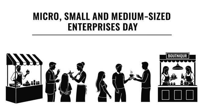 Minimalist vector graphic illustration celebrating micro small and medium sized enterprises day with various shop activities