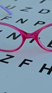 Colorful glasses rest on an eye chart during an eye exam in a clinic environment