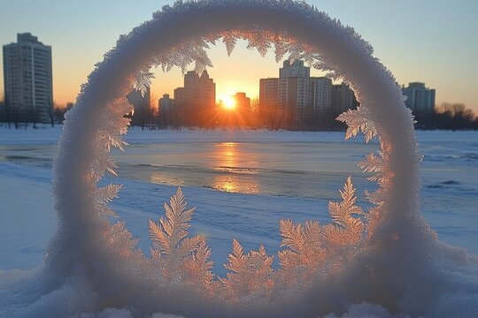 Frost patterns frame a sunrise on a frozen river in a city park. Perfect for illustrating winter themes or seasonal holidays.