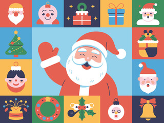 Fototapeta premium Whimsical flat design illustration featuring a cheerful Santa Claus waving amidst a collage of festive Christmas ornaments and icons