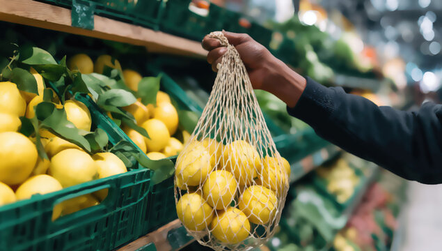 Person holds reusable bag filled with vibrant lemons at a grocery store produce aisle
