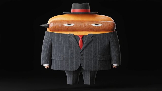 Whimsical hot dog character in a pinstripe suit and fedora, looking mysterious