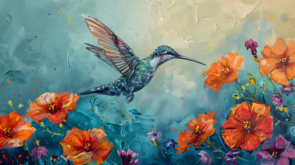 Obraz premium Hummingbird in flight amidst vibrant orange poppies and flowers