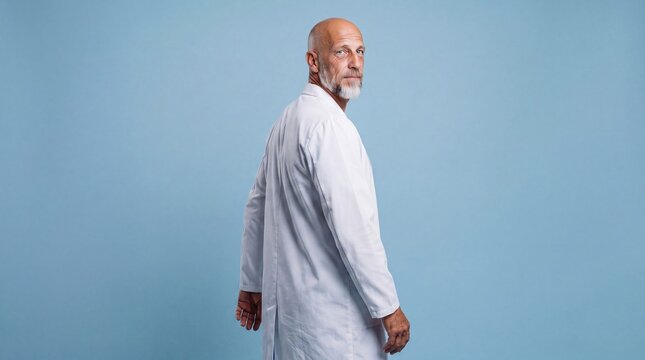 Senior Caucasian man with a beard wearing a white lab coat, looking back over his shoulder against a light blue background.