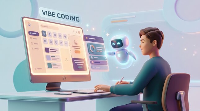 Vibe coding concept illustration of human creator receiving interface card from friendly AI near glowing screen, premium 3D scene for software design and creation.
