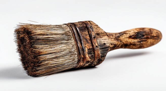 Close up of a weathered paint brush on a clean white background