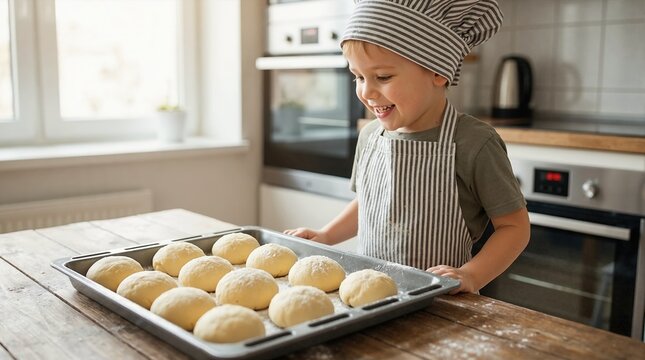 Happy young boy in chef hat looking at tray of dough balls. Child baking bread in sunlit kitchen. Homemade cooking and childhood hobby concept