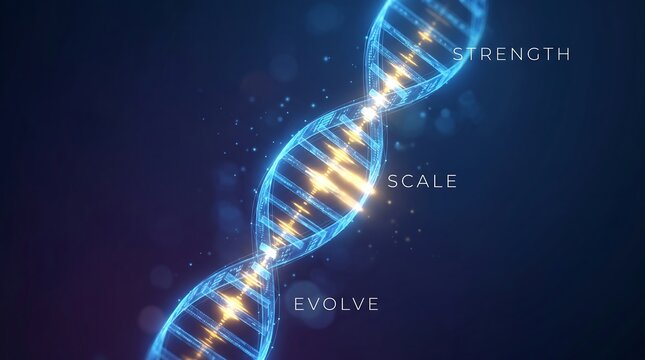 DNA strand glows with digital particles against a dark blue backdrop, representing the fundamental blueprint of life and the infinite potential for biological transformation through genetic.