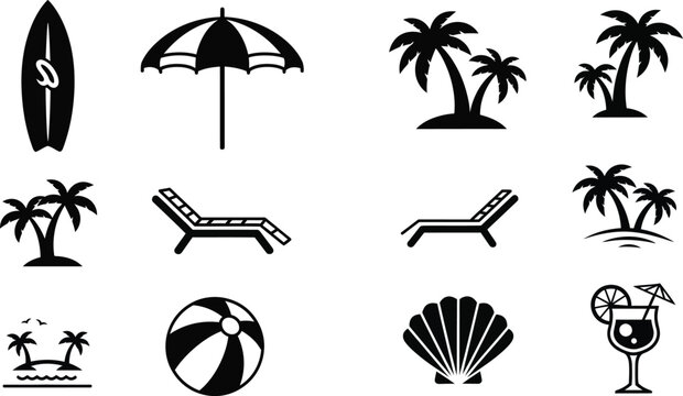 Black and white beach including palm trees, lounge chairs, surfboard, umbrella, and beach ball
