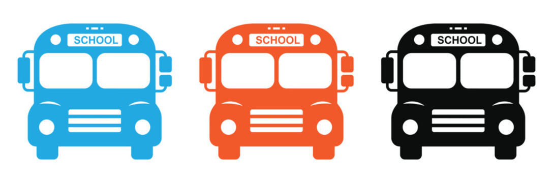 School bus icons in blue, Orange, And black on white background vector illustration
