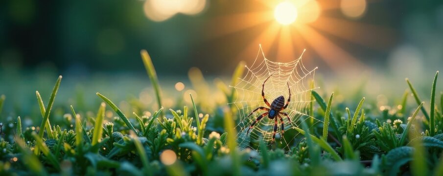 Misty morning, spiderweb glistening with dew on frosted grass , scenery, subtle