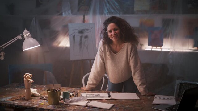 Portrait of a smiling female creative entrepreneur in her studio.
