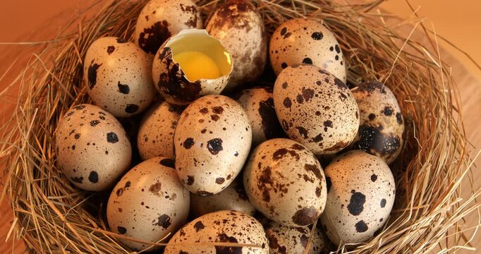 Quail eggs on a hay background, close-up footage on a rotating table. Half a quail egg among a pile of whole ones.