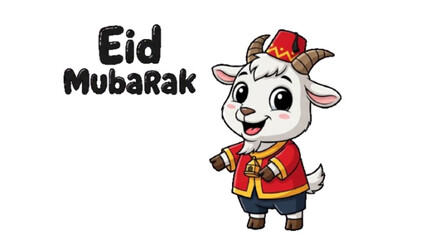 Fototapeta premium cute goat character with Eid Mubarak text, cartoon vector illustration, white background white background vector icon , white background 