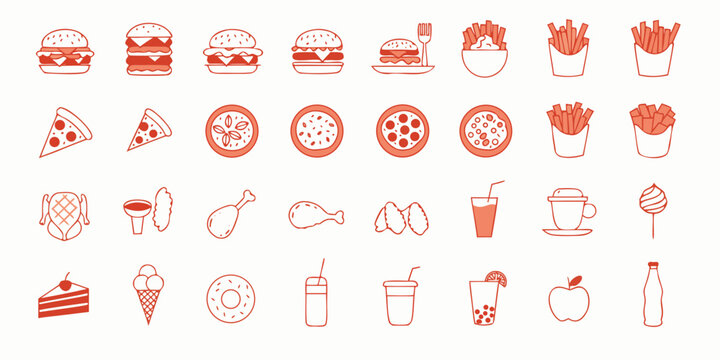 food icons set in minimalist line art style on light background