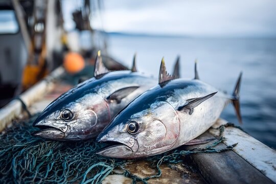 Two whole, freshly caught albacore tuna fish lie on a fishing net, showcasing the bounty of the sea