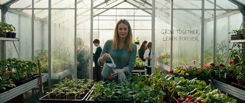 Teacher and students in school uniforms gardening in greenhouse. Education scene with grow together learn forever text. Biology class concept