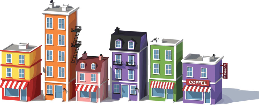 Colorful city street buildings vector illustration featuring small shops, apartments and coffee store in charming urban neighborhood style