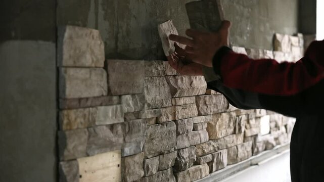 Skilled Craftsman Completes Rustic Stone Wall. Calm Artisan Finishes Aged Stone Structure With Care