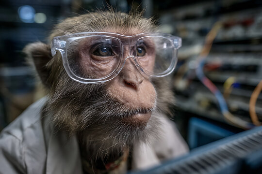 An intelligent macaque monkey, dressed in a white lab coat and wearing clear safety glasses, sits attentively in what appears to be a laboratory setting, looking thoughtfully into the distance with a 