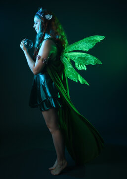 portrait of female model wearing fantasy fairy costume, green dress, cloak, butterfly wings and crown. full length standing pose, holding  magical crystal orb.  isolated on dark studio background.