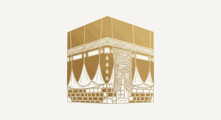Obraz premium Islamic Kaaba illustration, Mecca holy site, gold outline on white background