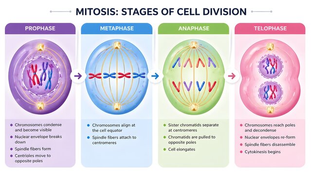 Mitosis Stages Infographic with Prophase Metaphase Anaphase Telophase Cell Division Vector