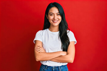 Obraz premium Studio portrait of a smiling young adult woman with long black hair, wearing casual white t-shirt and jeans, posing with crossed arms against a solid red background.