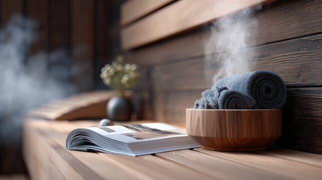 Relaxing spa getaway with towels and a magazine in a tranquil wooden sauna.
