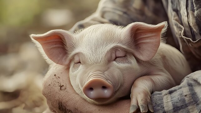 Sleepy piglet resting in warm farm surroundings.