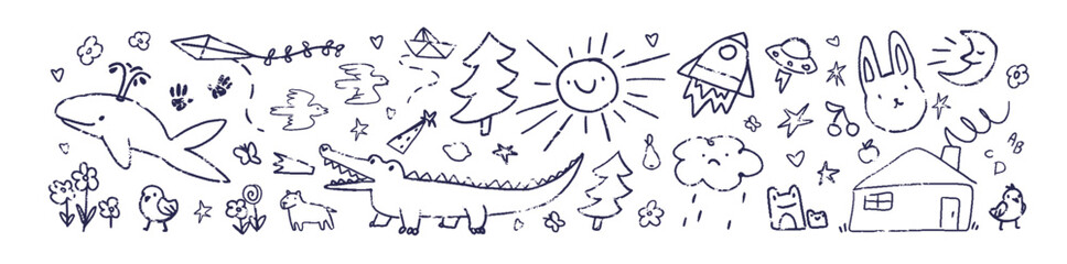 Fototapeta premium Kids doodles set. Cute child wall arts with pen-animals, flowers, houses, sun. Funny children scribbles, pencil sketches. Hand drawn outline isolated vector illustrations on white background