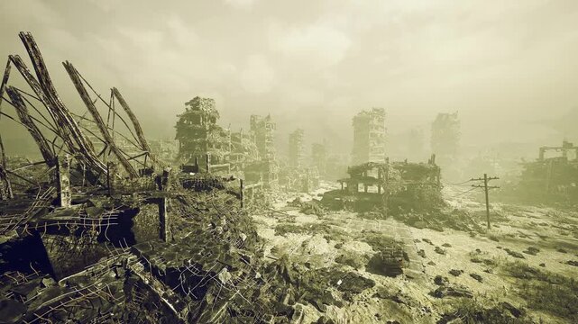 Obscured city components dissolve into distant foggy horizon scene. Urban elements fade away into enveloping mist and foggy environment surrounding