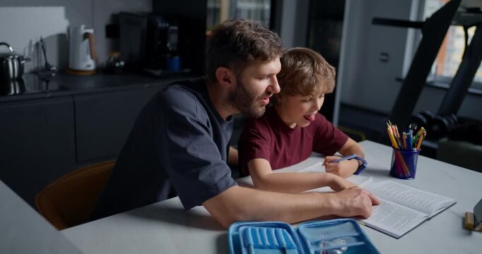 White Father Demonstrating Handwriting To Son Close Guidance Steady Hand Posture Correction