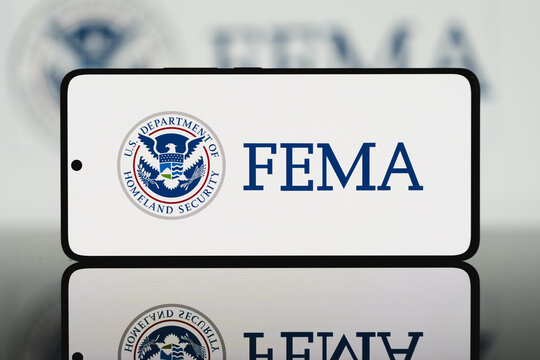 FEMA logo displayed on a smartphone screen, Federal Emergency Management Agency brand identity on mobile device for emergency management and disaster response communication