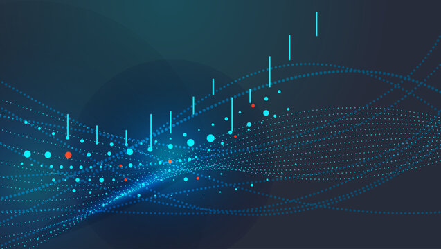 Dynamic abstract digital background featuring blue glowing data points, network lines, and vertical graph elements. Represents technology, AI, big data, and futuristic concepts.