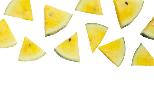 Yellow watermelon slices on white background.