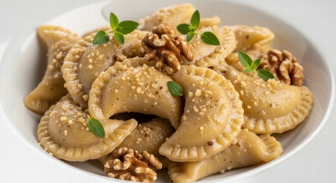 Delicious pansoti with walnuts and fresh herbs served in a white bowl