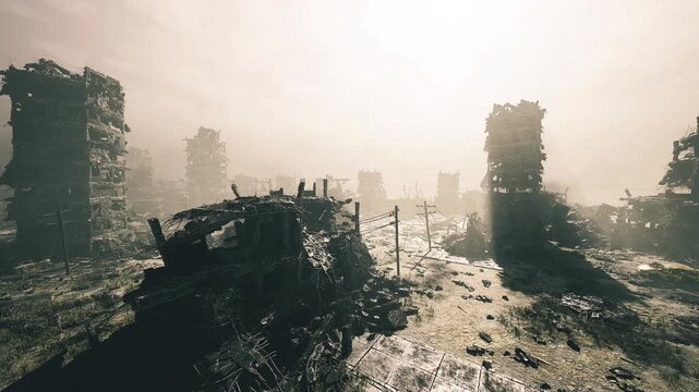 sunlit forward bunker and makeshift ramparts framed by ruined towers, vantage captures survey of valley and distant structures, mood of vigilance and survivor