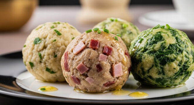 Trio of traditional Italian Knodel dumplings with herbs and speck on a plate