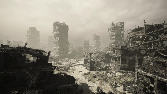 open ruined plateau strewn with collapsed structures and scattered towers, windswept grasses and cracked pathways, abandoned infrastructure bleeding into wild