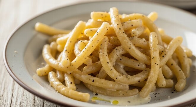 Pici Cacio e Pepe pasta dish served on a rustic plate with olive oil drizzle