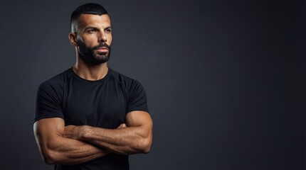Obraz premium A young Middle-Eastern man with a beard stands confidently with arms crossed. He has short dark hair and is wearing a black t-shirt against a dark background.