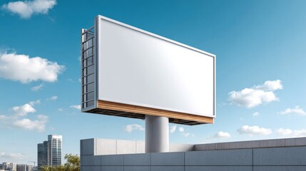 Fototapeta premium Empty billboard against a clear sky with city skyline in the background.