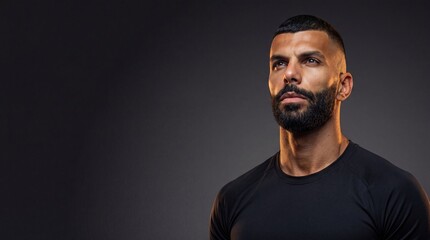 Fototapeta premium A young Middle-Eastern man with a beard and short hair poses confidently against a dark background. He wears a black t-shirt and has a serious expression.
